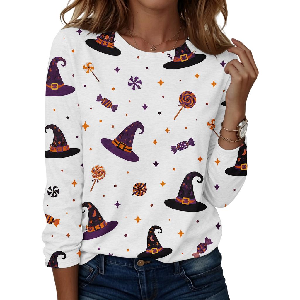 Women's Casual Long Sleeve Round Neck Top with Halloween Print for Party