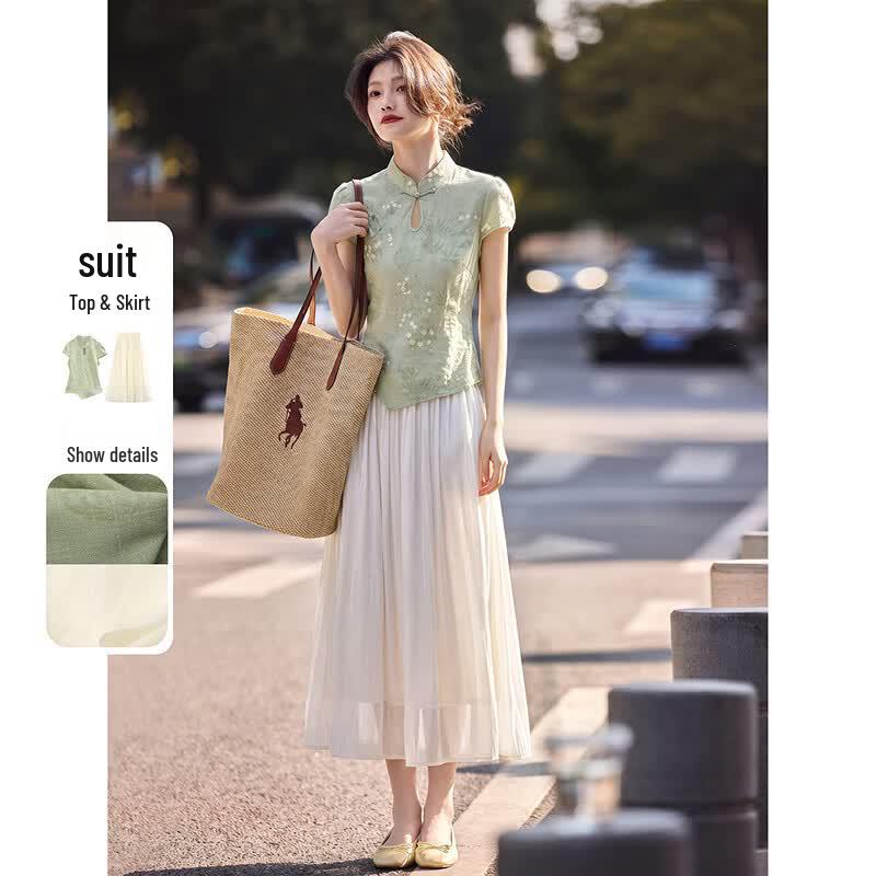 New Chinese Style Frog Button Shirt & Mesh Skirt Set M
