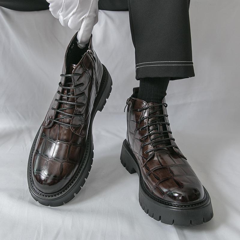 Men's Large Size High-Top Leather Shoes with Thick Soles, Height-Increasing, Autumn/Winter Fashion Trend Martin Boots