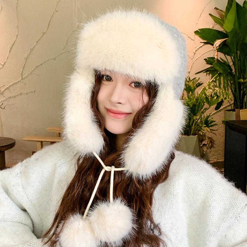 Winter Imitation Mink Fluff Hat Female Cute Hairball Lei Feng Hat Winter Cold and Warm Thickened Ear Protector New