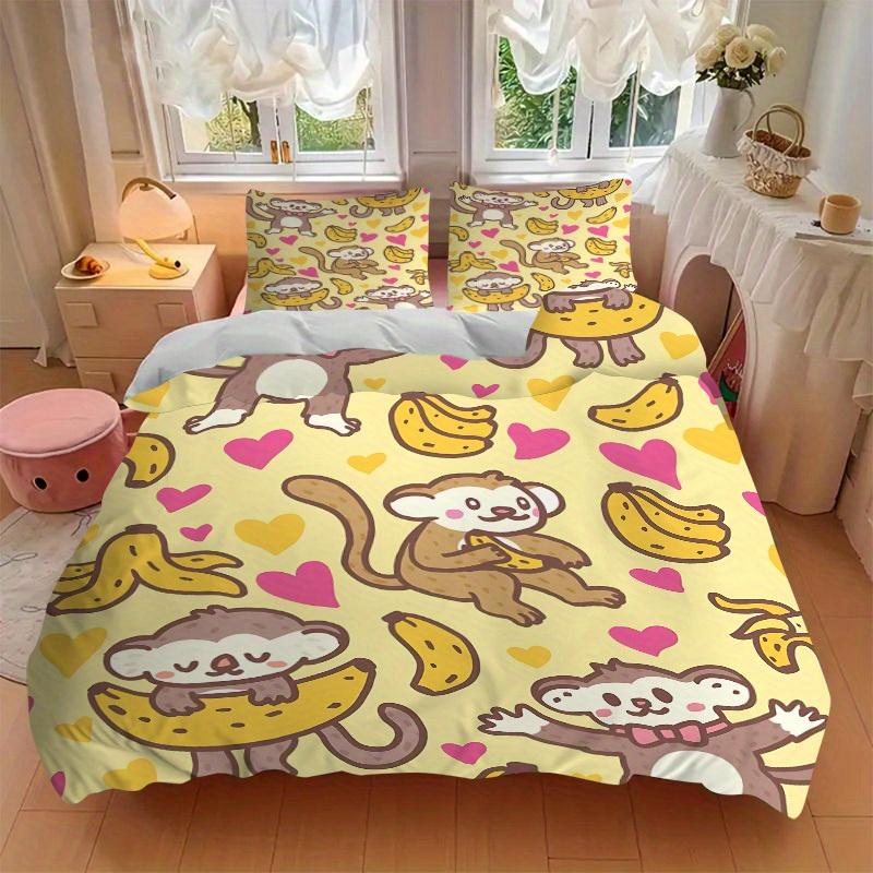 3pcs Monkey Banana Pattern Bedding Set, Ideal for Home Use, Suitable for Bedroom Decor (1*Duvet Cover + 1/2*Pillowcases, No Core) yy250821235
