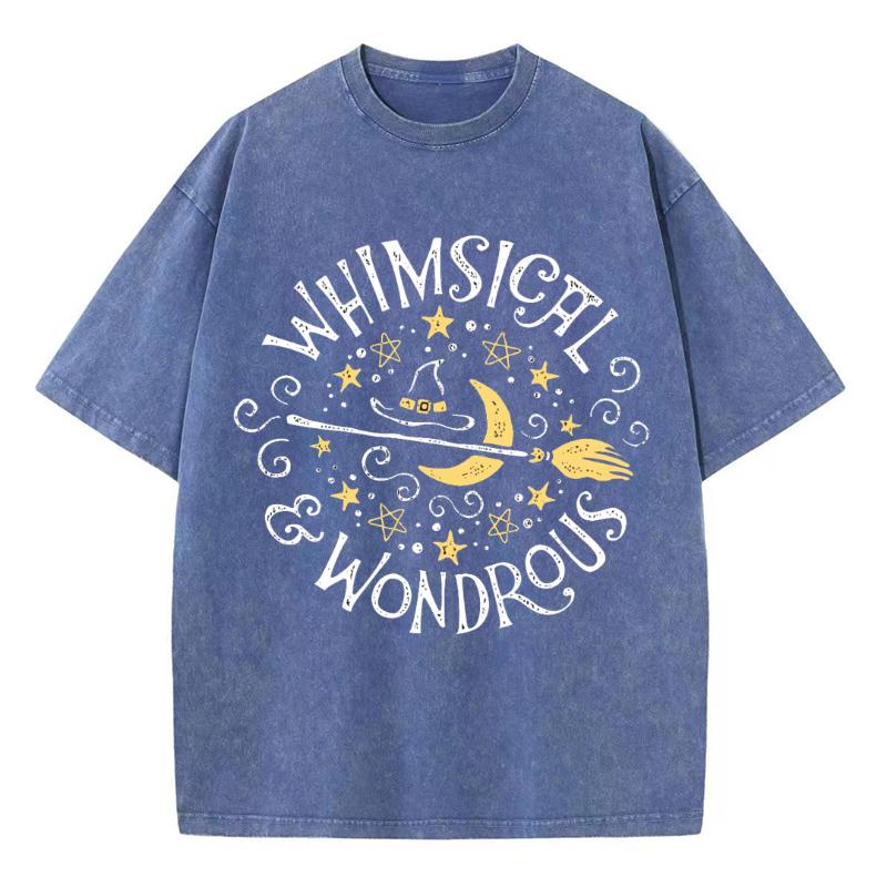 Magic Theme Letter Print T-Shirt Unisex Style Oversize Washed Denim Short Sleeve Vintage Top