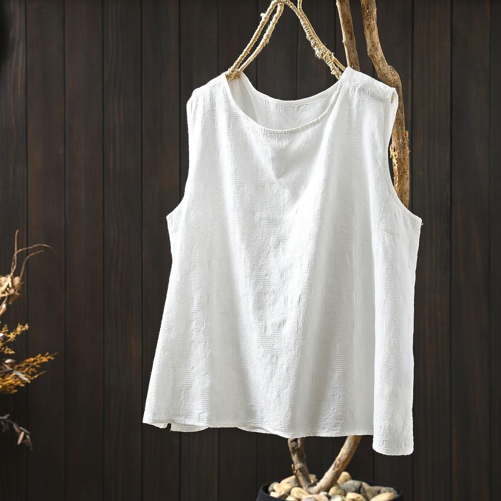 Cotton and Linen Jacquard Sleeveless T-shirt Women's New Summer Outer Wear with Loose and Thin Literary Casual Vest Cotton Top