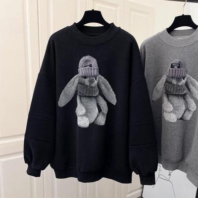 Women's Fashion Loose Bear Sweatshirt Casual Plus Fleece Three-dimensional Decoration Top