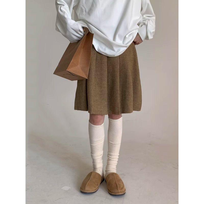Women s 2025 Retro College Style Wool Pleated A-line Mid-Length Skirt for Autumn/Winter M хаки/жёлтый
