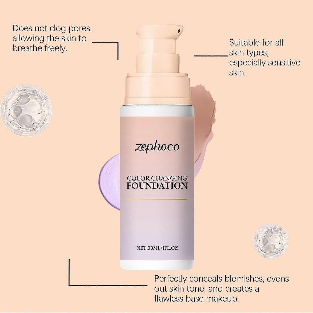 Zephoco Purple Color-Changing Concealer Foundation Cream, Lightweight And Natural Texture, Skin-Friendly, Matte, Sheer, Moisturizing, And Brightening