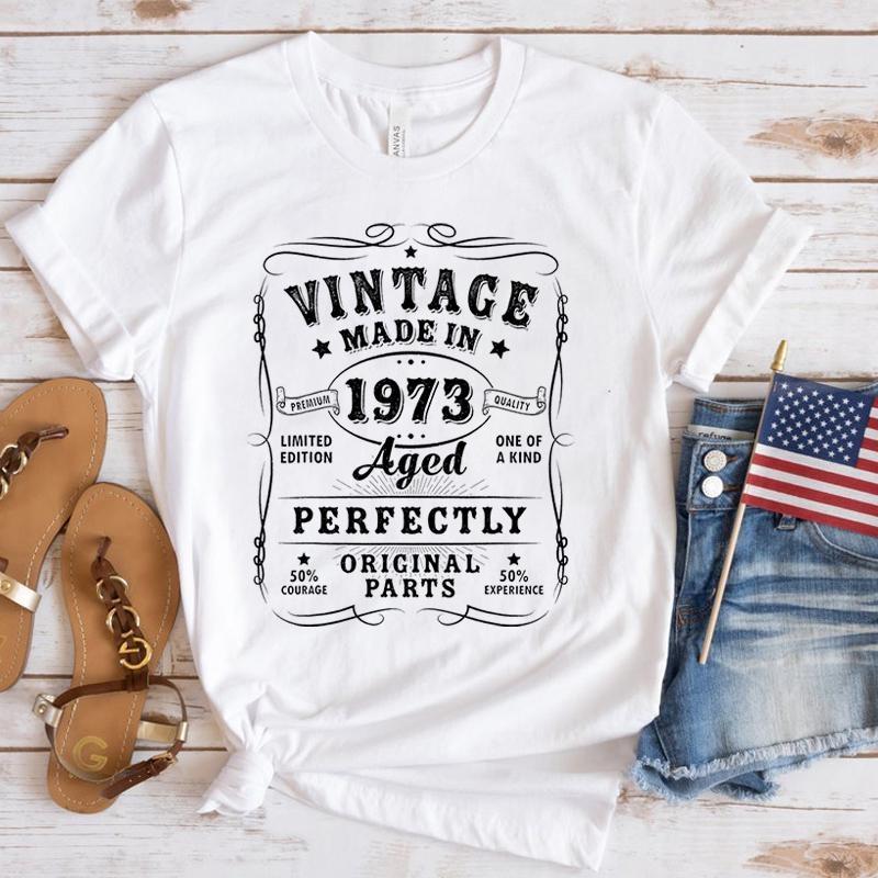 New Funny Vintage 1973 Birthday T Shirt Unisex Short Sleeve O Neck Summer Casual Vintage 1973 Letter Printing T-Shirt Top Tee