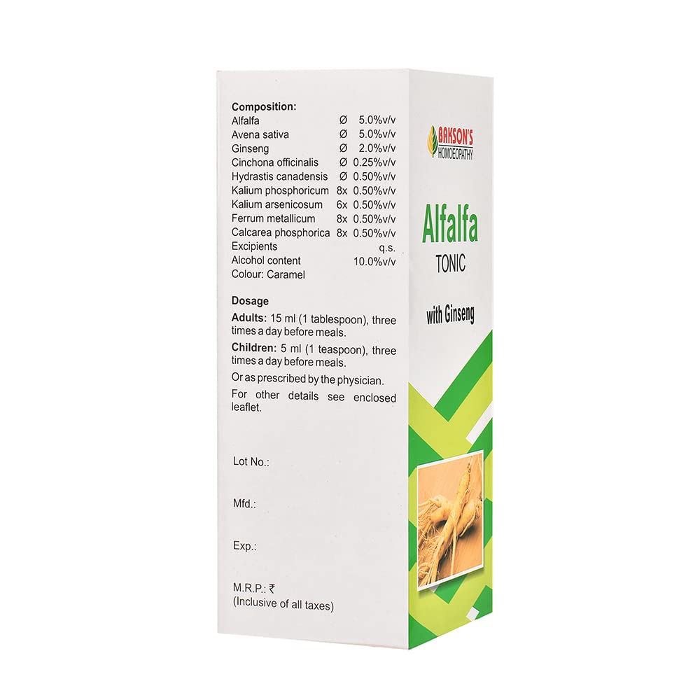 Bakson 's Homoeopathy Alfalfa Tonic With Ginseng Syrup For Daily Vitality Appetite Support Energy Booster Overall Wellness 450 Ml