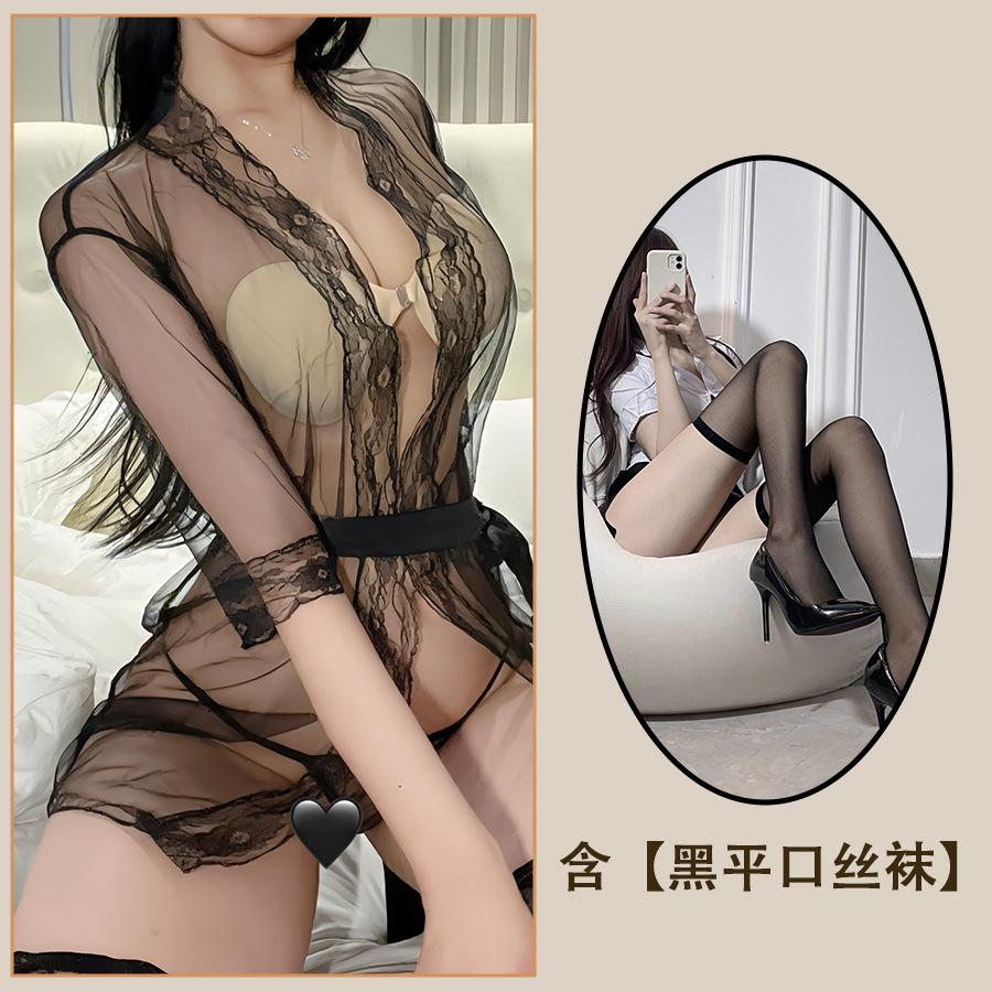 Sex Lingerie Transparent Tulle Seduction Nightgown Lace Sexy Pajamas Shawl Mesh Bathrobe Uniform