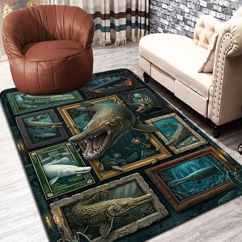 Prehistoric Fish Gallery Pattern Rug Floor Mat for Living Room or Bedroom Soft and Comfortable Carpet a Gift for Birthday and Holiday.