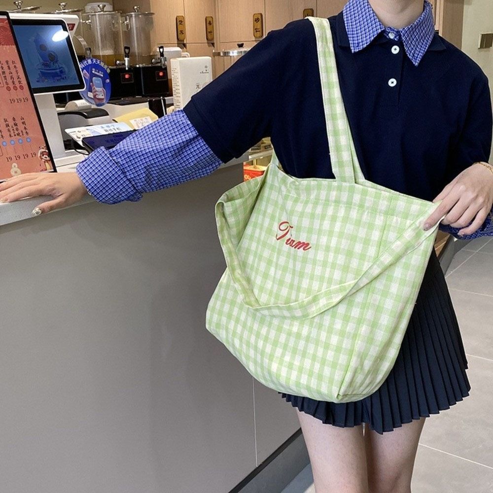 Candy Color Plaid Shoulder Bag Letter Large Capacity Crossbody Bag Simple Canvas Tote Bag  Girls