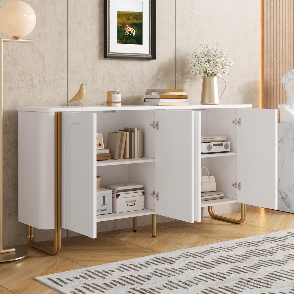Sideboard Buffet MDF Iron Feet 4 Doors Arch Relief Rounded Corners Push-to-Open Staggered Storage Living Room