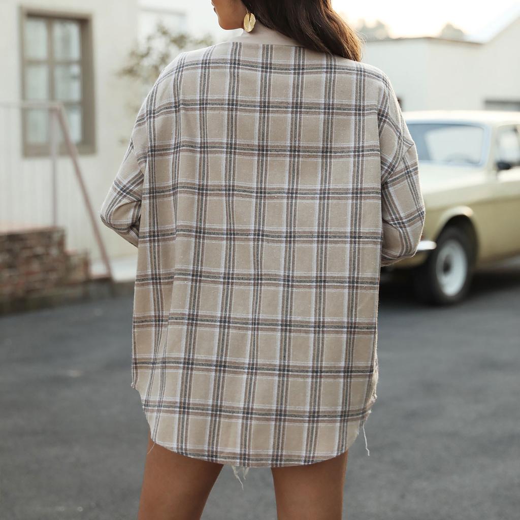 Women's Fashion V Neck Plaid Long Sleeve Pocket Shirt Women