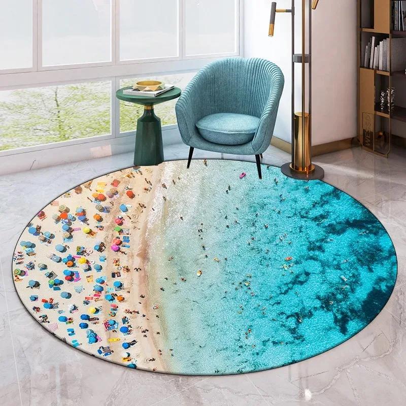 Seaside Beach Pattern Round Carpet Living Room Sofa Non-slip Floor Mat Home Decoration Bedroom Bathroom Absorbent Floor Mat