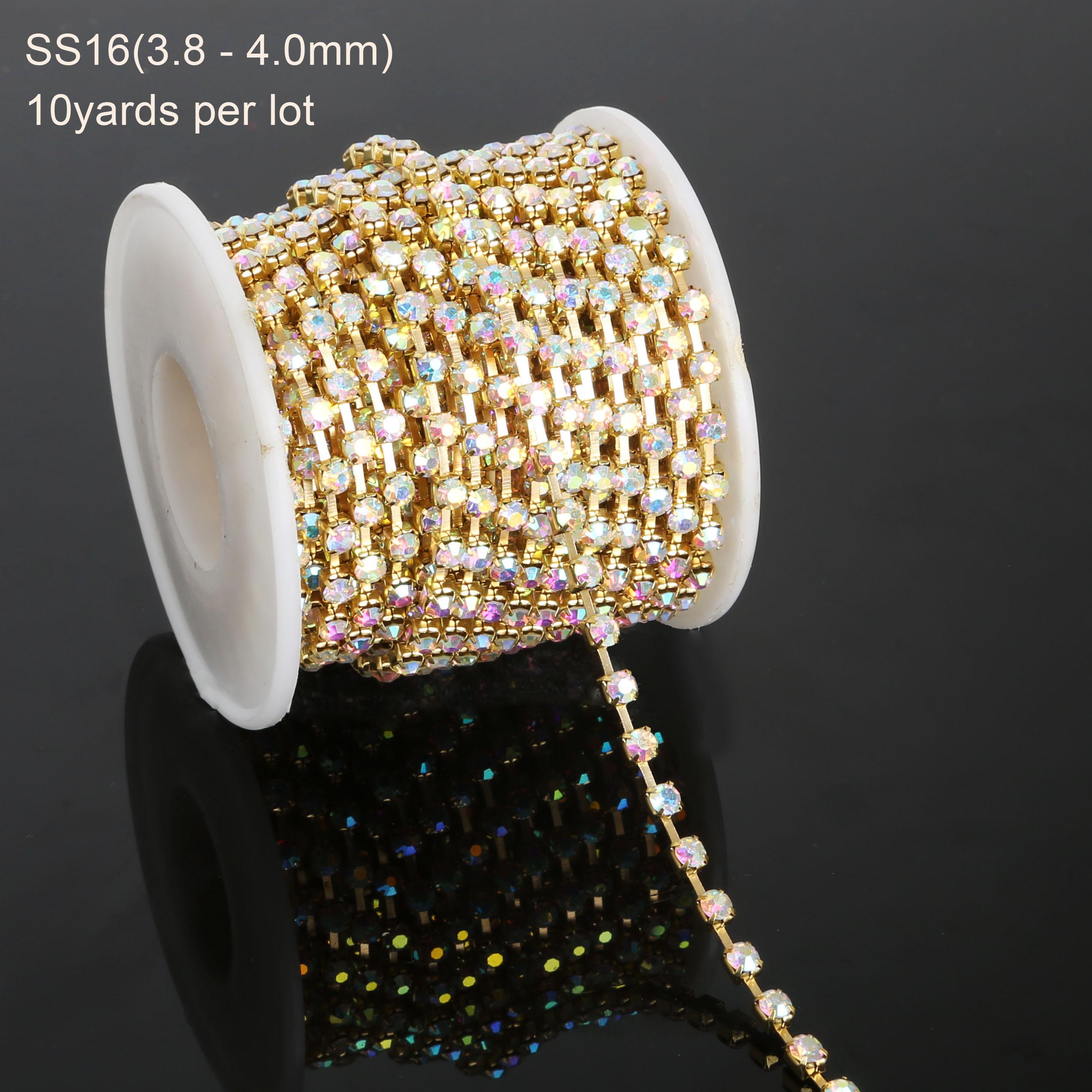 

10 ярдов в рулоне, цепочка со стразами и яркими стразами на серебряной основе, уплотненная цепочка со стразами SS6-SS18(2 мм-4,5 мм) Цепочка на чашку для дизайна платья, аксессуары своими руками 3.8-4mm 1345pcs золотой/разноцветный
