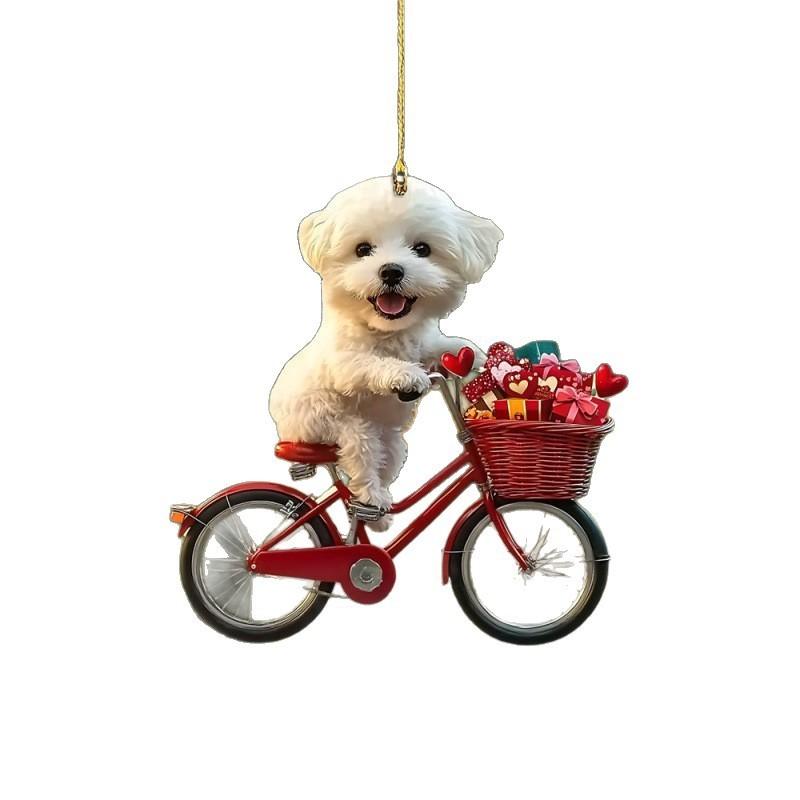 Mirror Car Acrylic Ornament Cartoon Dog Riding Bicycle Pendant For Decor Vehicle