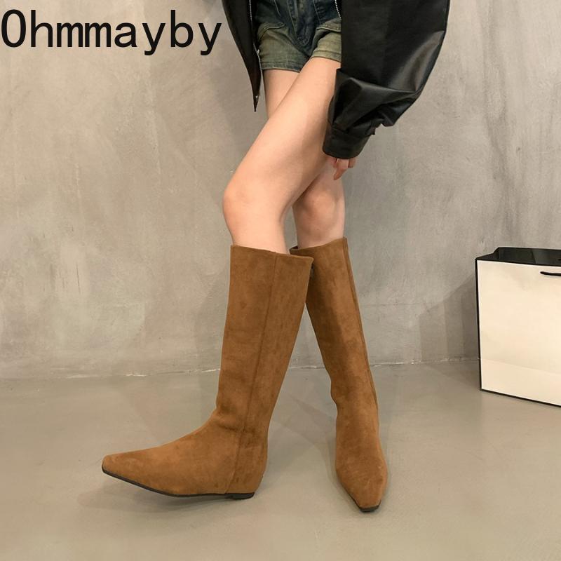 Vintage Stretch Slim Women Knee High Boots Fashion Slip On Pointed Toe Shoes Autumn Winter Low Heels Knight Long Botas