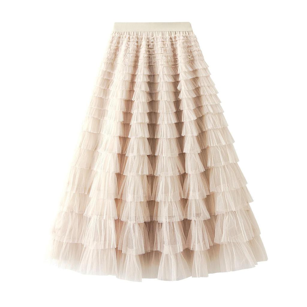 Women's Layered Mesh Gauze Pleated High Waist Long Skirt - Spring & Autumn Style