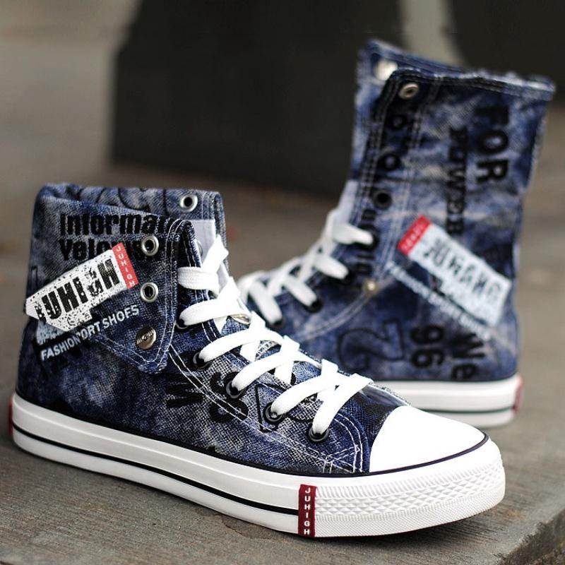 Men's Casual Shoes Blue Vulcanized Canvas Shoes Men's High Top Sports Shoes Breathable New Men's Denim 2025 Zapatillas Hombre