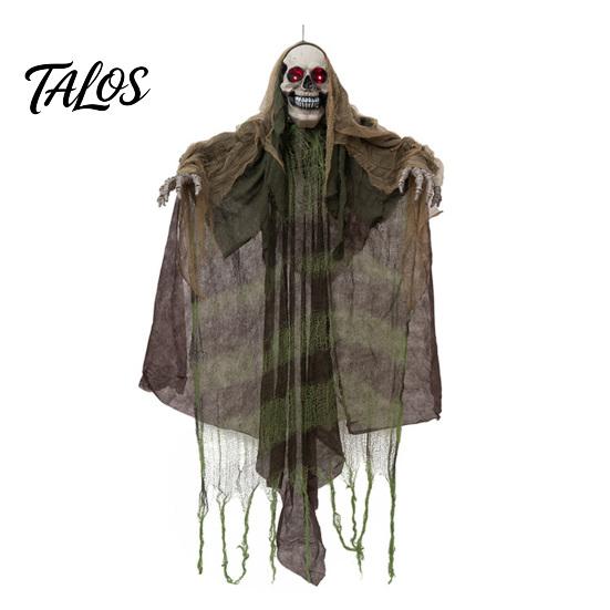 Indoor Outdoor Halloween Ornaments Animatronics Hanging Ghost Decoration, Sound Activated Grim Reaper Prop with LED Battery Operated Decor Glowing