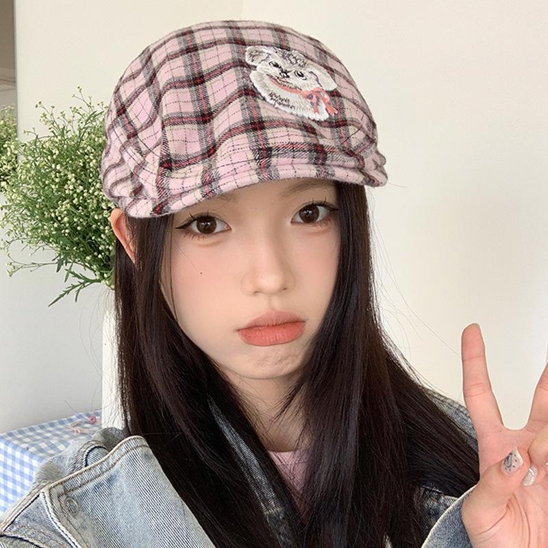 Reverse Fashionable Beret Hat For Women In Pink Plaid Perfect For Casual Outings