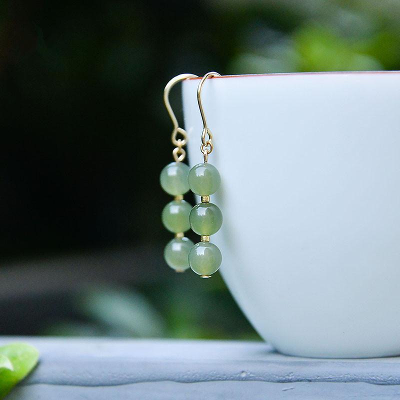 Natural Hetian Jade Ear Hooks, Green Jadeite Earrings S9Silver Goddess Style Elegant and Grand Ear Thread Earrings