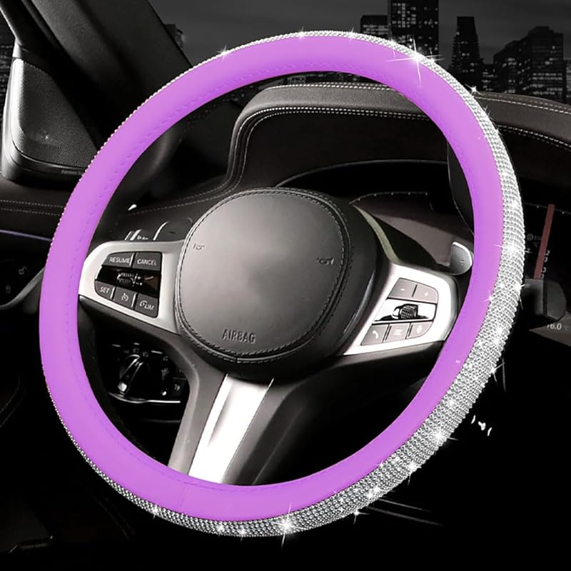 Black Leather Bling Diamond Steering Wheel Cover For Women Universal Fit 14.5In-15In
