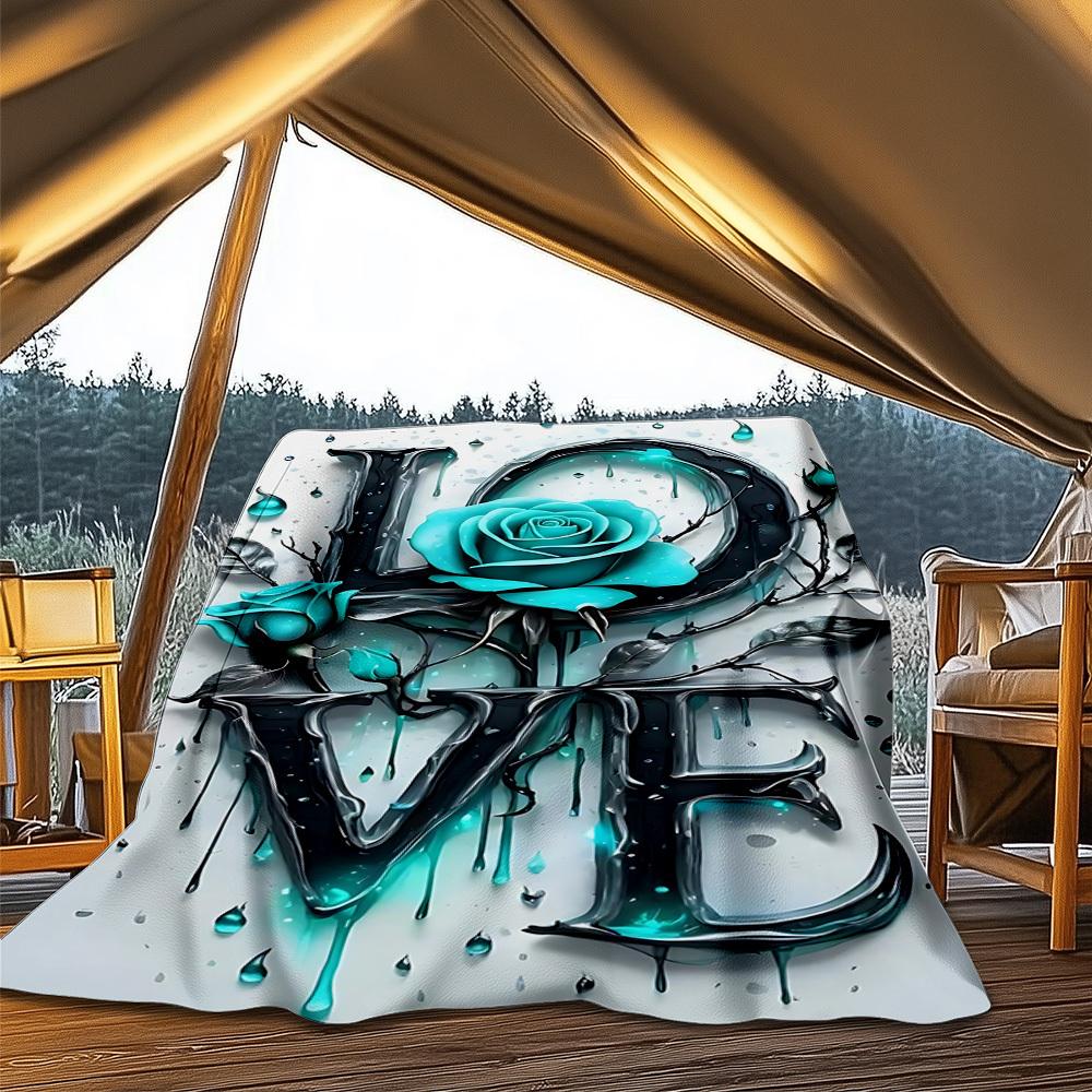 1pc Love Rose Outdoor Flannel Blanket Soft All Season Polyester Throw , Perfect for Picnics & Travel , Picnic Accessory
