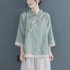 2023 Spring/Summer Women's Retro Chinese Button Shirt: Fake Two-Piece, Cotton-Linen, 3/4 Sleeve, Embroidered Design.