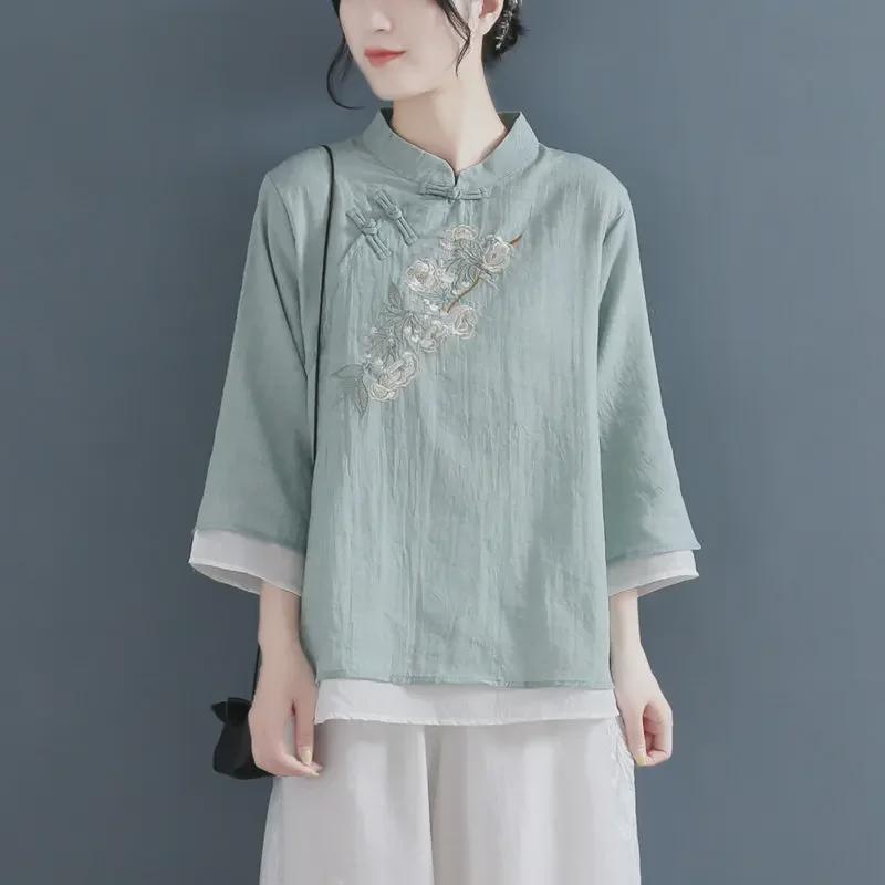 2023 Spring/Summer Women's Retro Chinese Button Shirt: Fake Two-Piece, Cotton-Linen, 3/4 Sleeve, Embroidered Design.