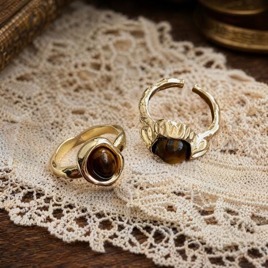 2Pcs Tiger Eye Stone Ring for Men Women, Adjustable Natural Stone Open Ring, Vintage Statement Ring, Jewelry Gift for Him Her