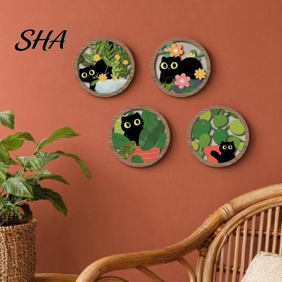 Black Cat Wall Art 4PCS Sign, with Warm Grain Texture Wood Art, Scratch-Resistant Sun-resistant Hanging Home Decor, Nordic Retro Style for Nursery