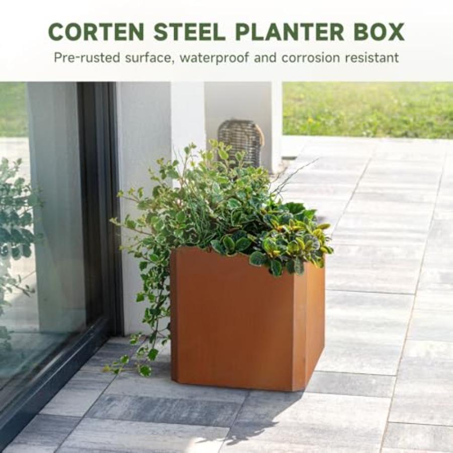 Corten Steel Planter Box 26x26x26 Large Square Plant Pot Outdoor Indoor Heavy Duty Rustic Metal Flower Pot for Patio Porch Deck