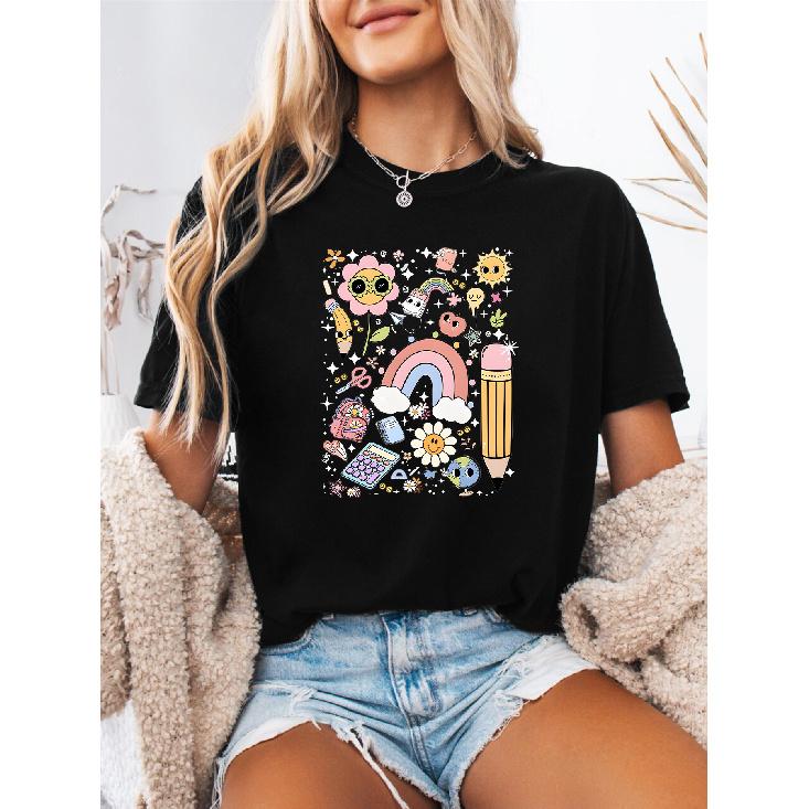 Floral Teacher Print Spring Summer Casual T Round-neck short-sleeve sports shirt T Women s T-shirt S