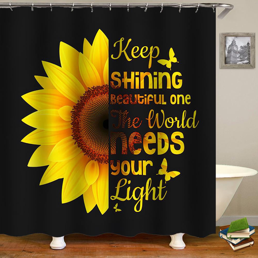 Sunflower Butterflies Shower Curtain for Bathroom Decor, Black and Yellow Bath Accessories, Waterproof Polyester with Hook