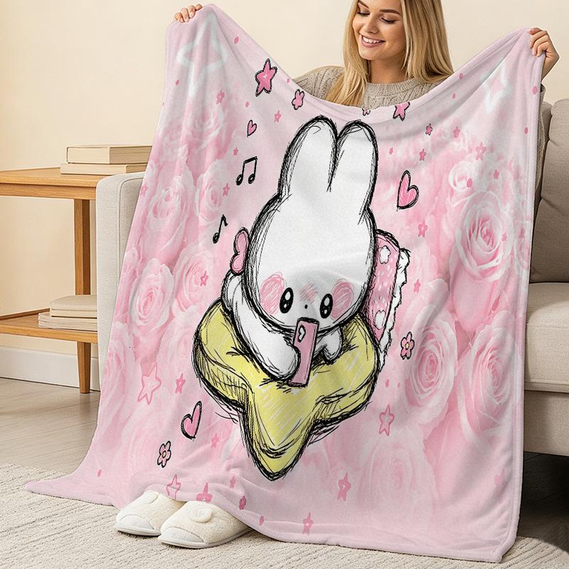 Cartoon Rabbits Thick Warm Flannel Blanket - Soft Plush for Home, Halloween & Christmas Cozy Decor