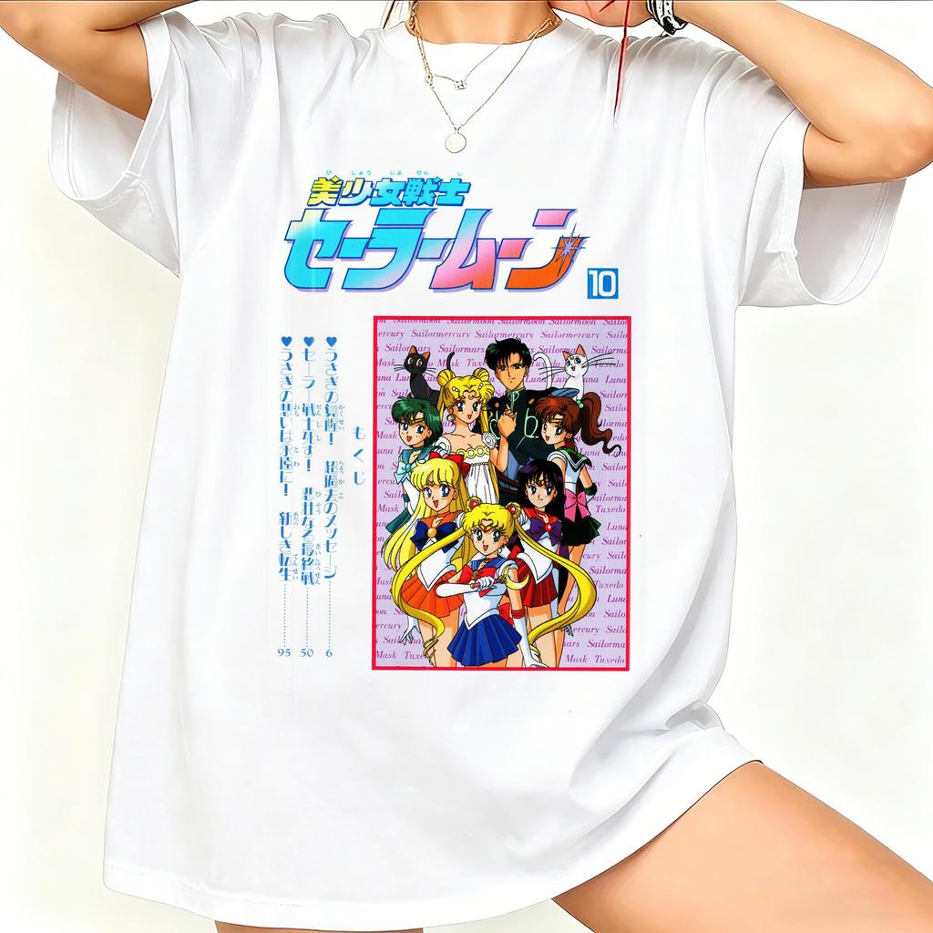 2026new American Retro Cotton Shortsleeved Tshirt With Sailor Moon Print Suitable For Both Unisex And Unisex Casual Street Style