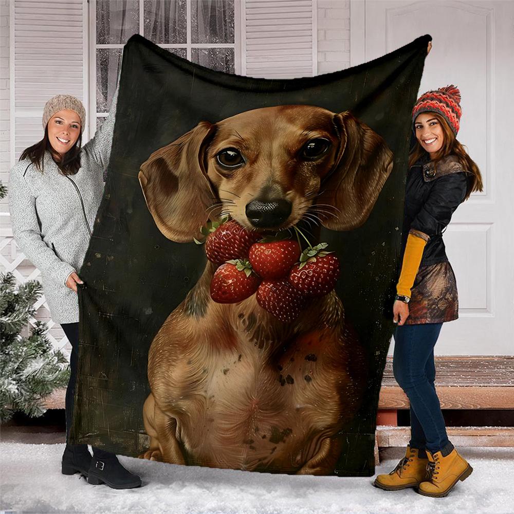 1pc Dachshund Strawberry Outdoor Soft Polyester Flannel Throw Blanket Versatile for All Seasons , Soft , Cozy , Warm All Season Quilted Throw ,
