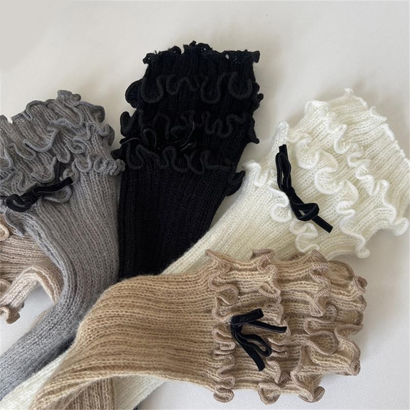 Ribbed Knit Boot Cuffs Footless Socks with Elegant Bows Designs for Women Layered Ruffle Edge Leg Warmers Streetwear
