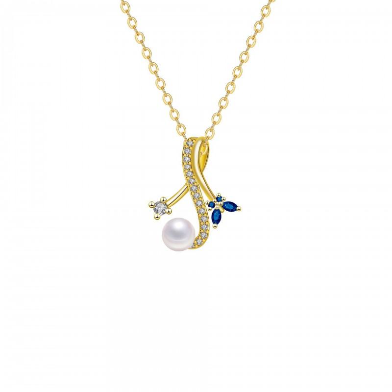 Gold Plated Geometric Butterfly Pendant Necklace With Blue Crystal Pearl Women Lightweight Elegant Daily Wear Jewelry Gold