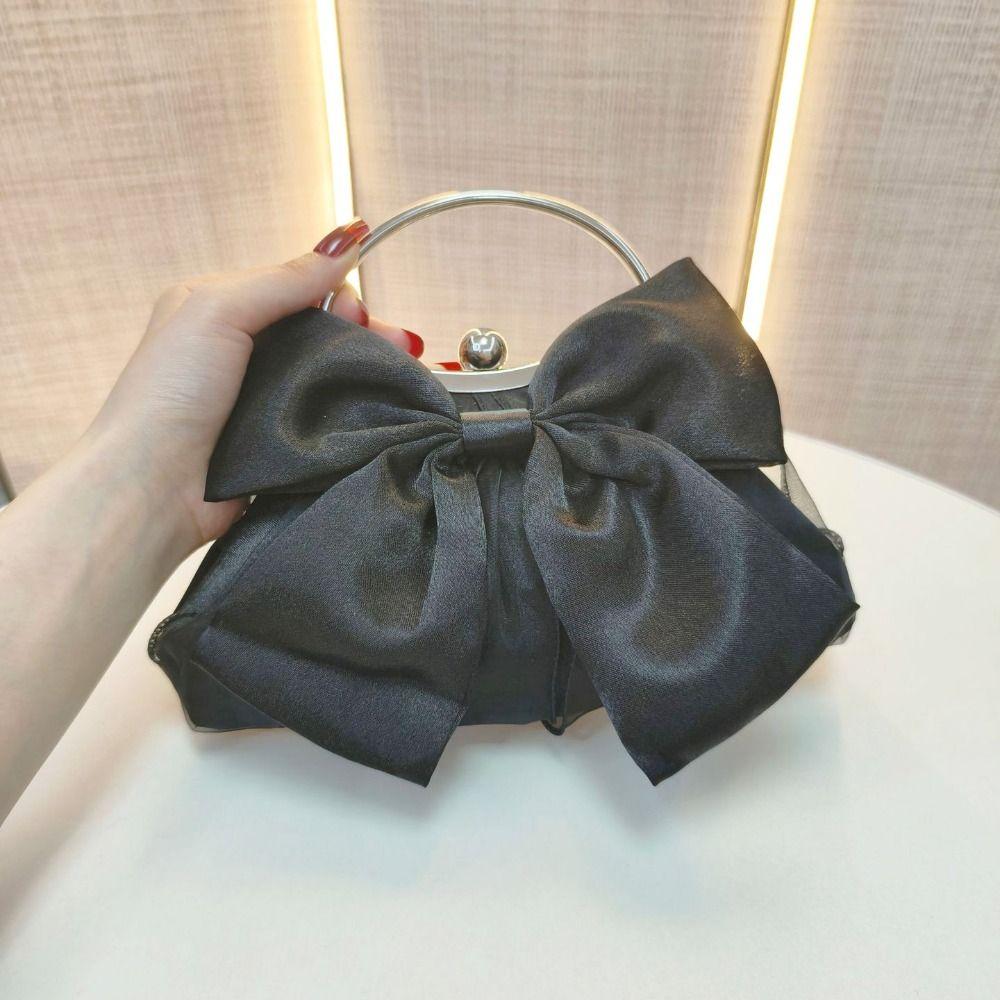 Metal Handle Bridal Clutch Bag Satin Bow Wedding Purse Luxury Bow Evening Handbag  Women