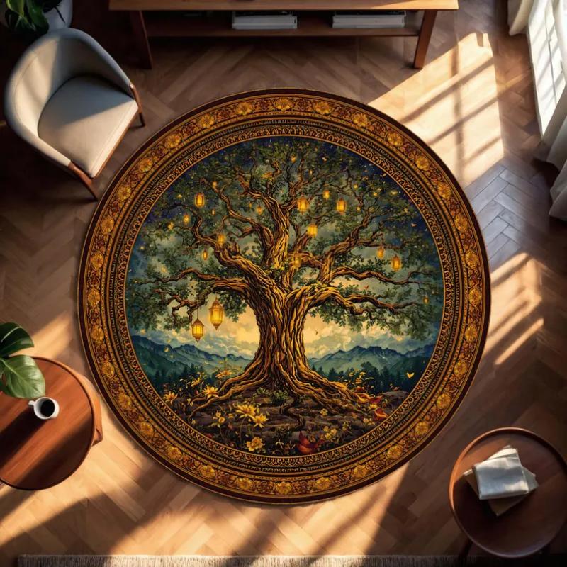 Gilded Tree of Life Flying Birds Round Rug Dark Luxury Print Non Slip Carpet Mystical Nature Mat Bedroom Office Decor