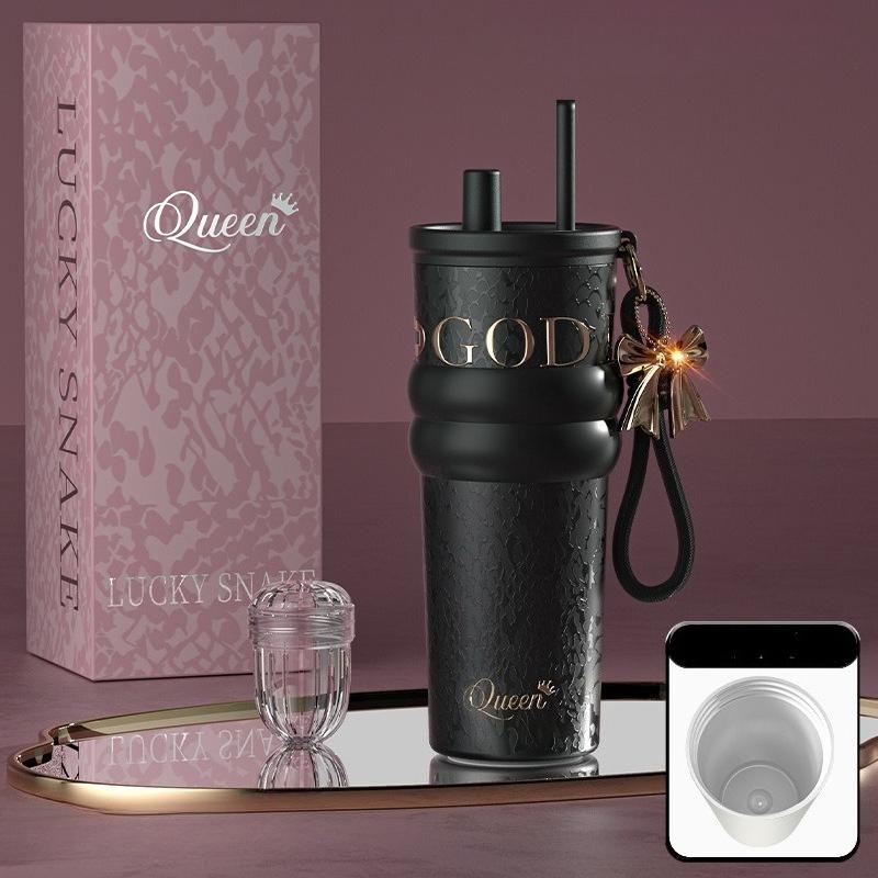 710ml Travel Thermos with Straw and Leak-Proof Lid Stainless Steel Metal Water Bottle for Hot and Cold Coffee Drinks