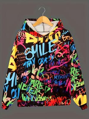 Hanorac vibrant cu graffiti - cu șnur reglabil, mânecă lungă, design moale al hanoracului, perfect pentru ținute casual de zi cu zi - Îmbrăcăminte pentru femei