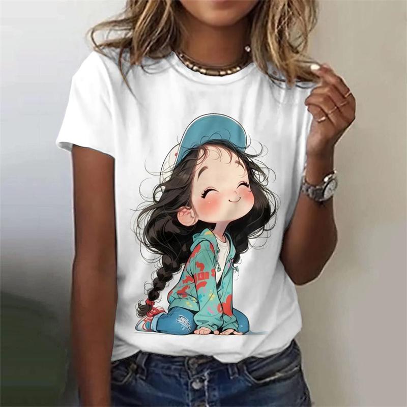 Animation Girl Pattern T Shirt For Women Cartoon 3D Printed Short Sleeves Summer Leisure Round Neck Tops Tees Oversized T-Shirts