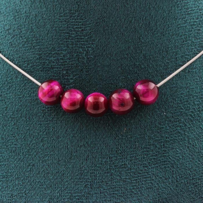 Collier - ABIJOUX - Oeil de Tigre fuschia - 5 perles - Acier inoxydable - Longueur personnalisable