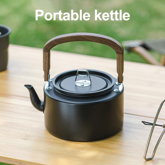 1.2L Aluminum Alloy Camping Kettle with Anti-Scalding Wooden Handle Portable Lightweight Outdoor Traveling Hiking Picnic Coffee Pot Tea Kettle