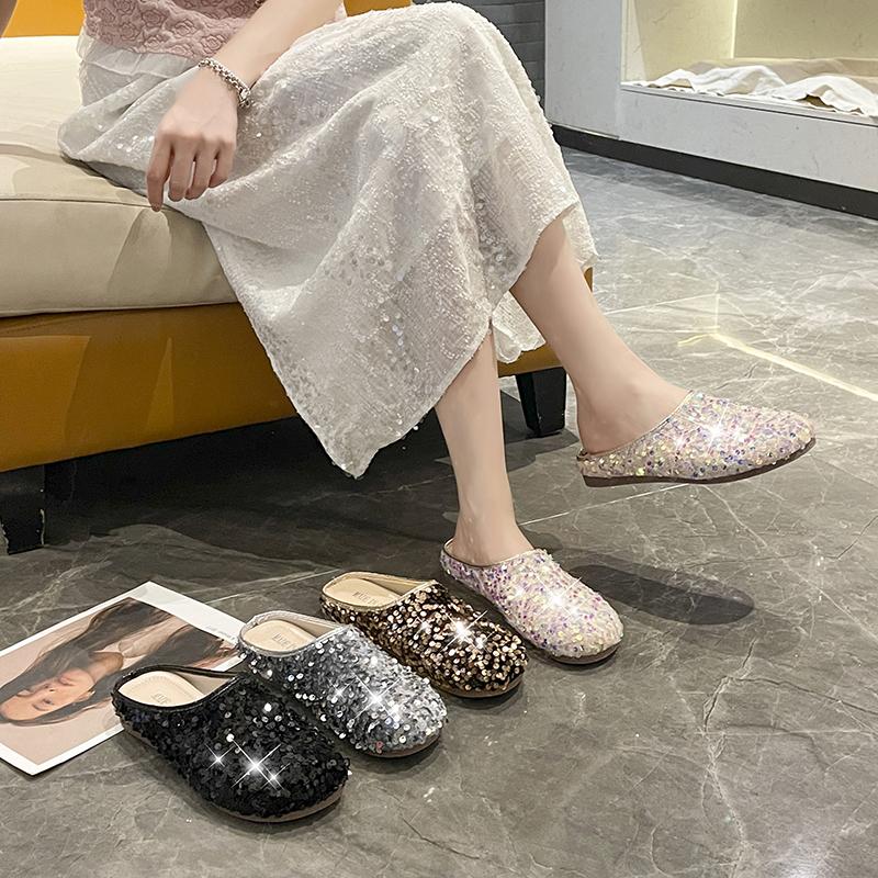 Fashion Sequined Toe Half-slipper Women's Outerwear 2025 Autumn French Style with Skirt Flat Lazy Large-sized Flip-flops