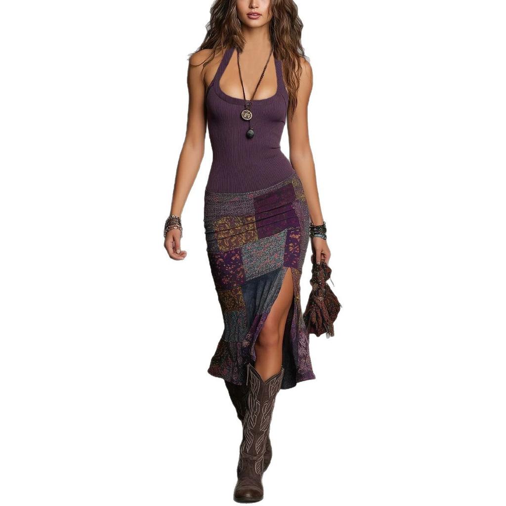 European and American bohemian style print dress, retro western high split slim fit medium and long hip skirt