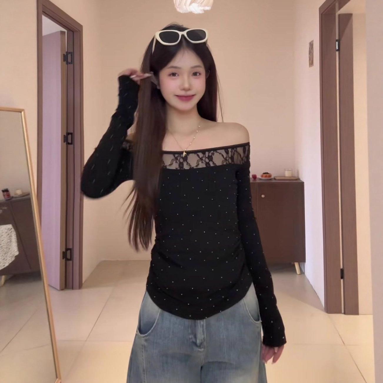 

Black Polka Dot Lace One-Shoulder Long Sleeve Top - Women s Slim Fit Autumn/Winter Wear M чёрный